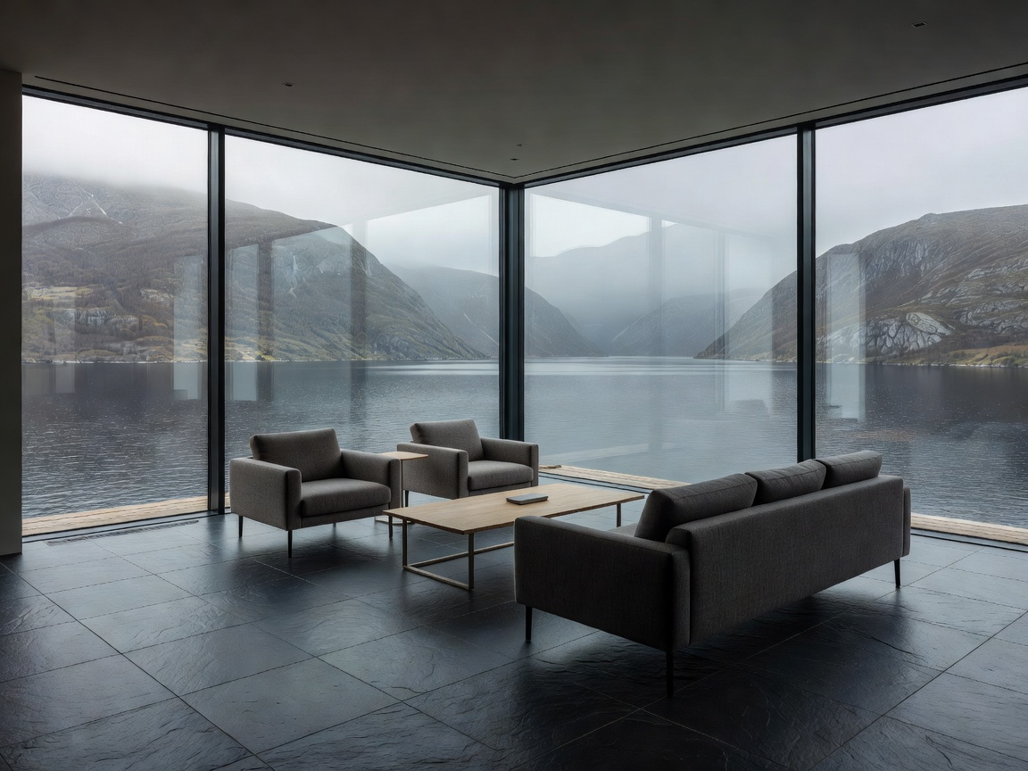 Bergen Fjord House living room with dark slate floors and floor-to-ceiling glass overlooking water