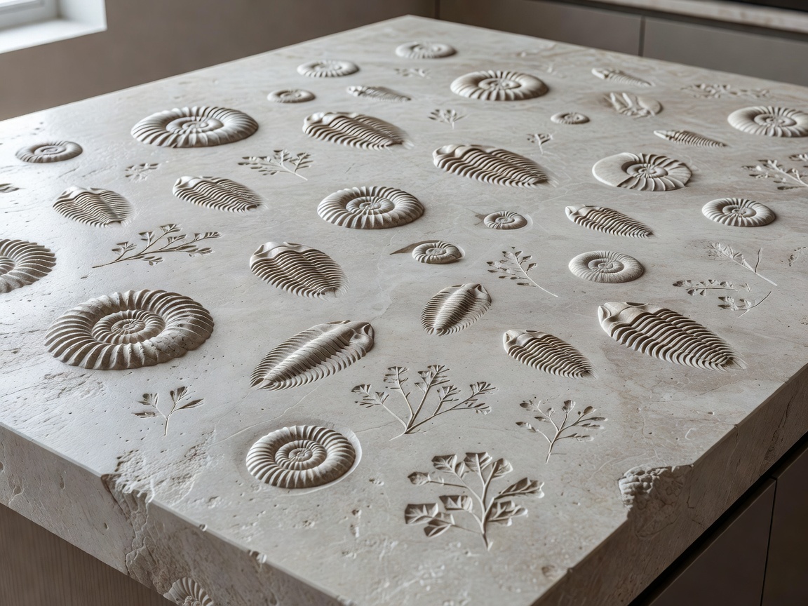 Gotland limestone kitchen island surface with natural fossil inclusions