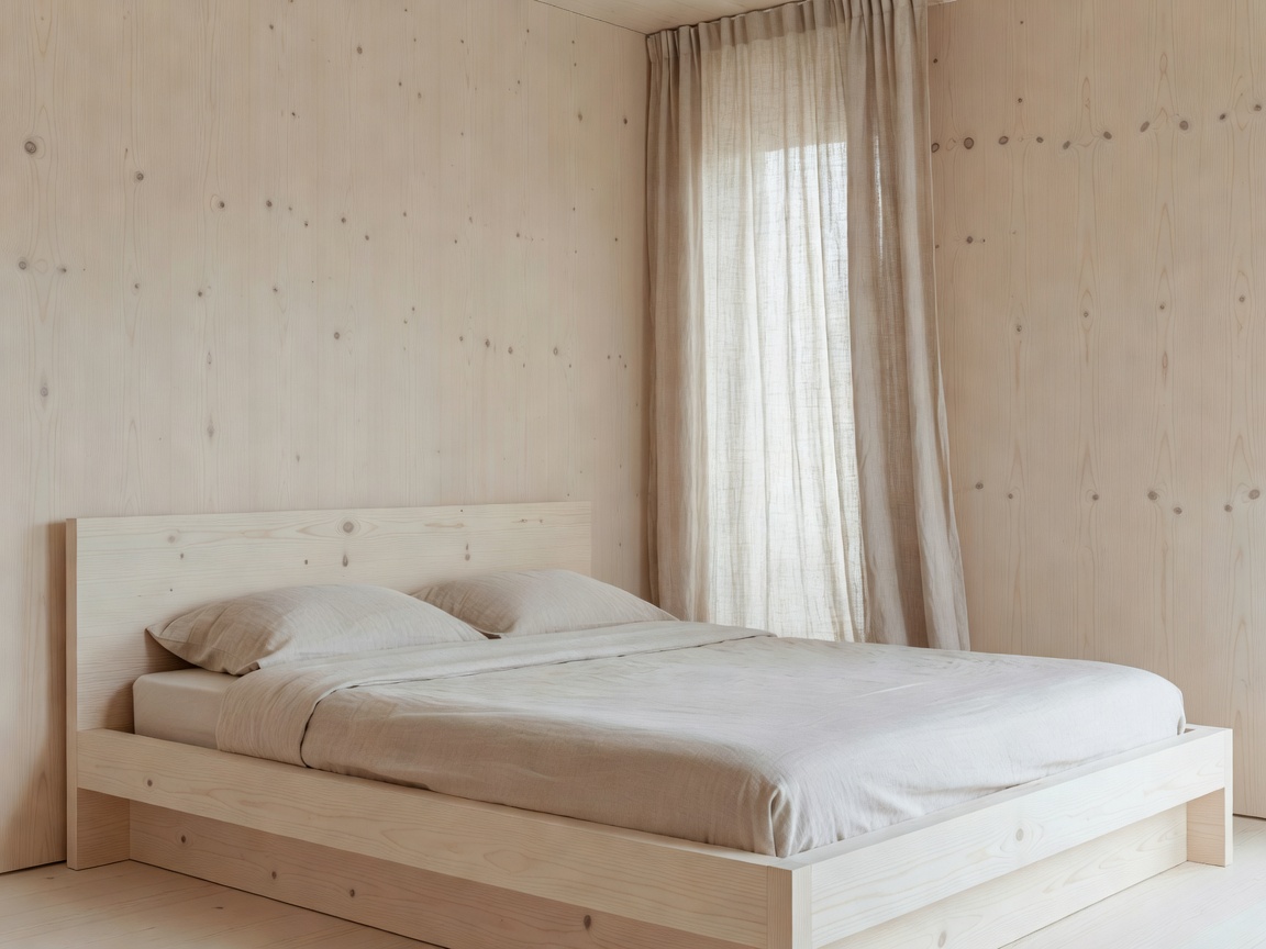 Minimalist guest bedroom with birch woodwork and soft natural linen drapery
