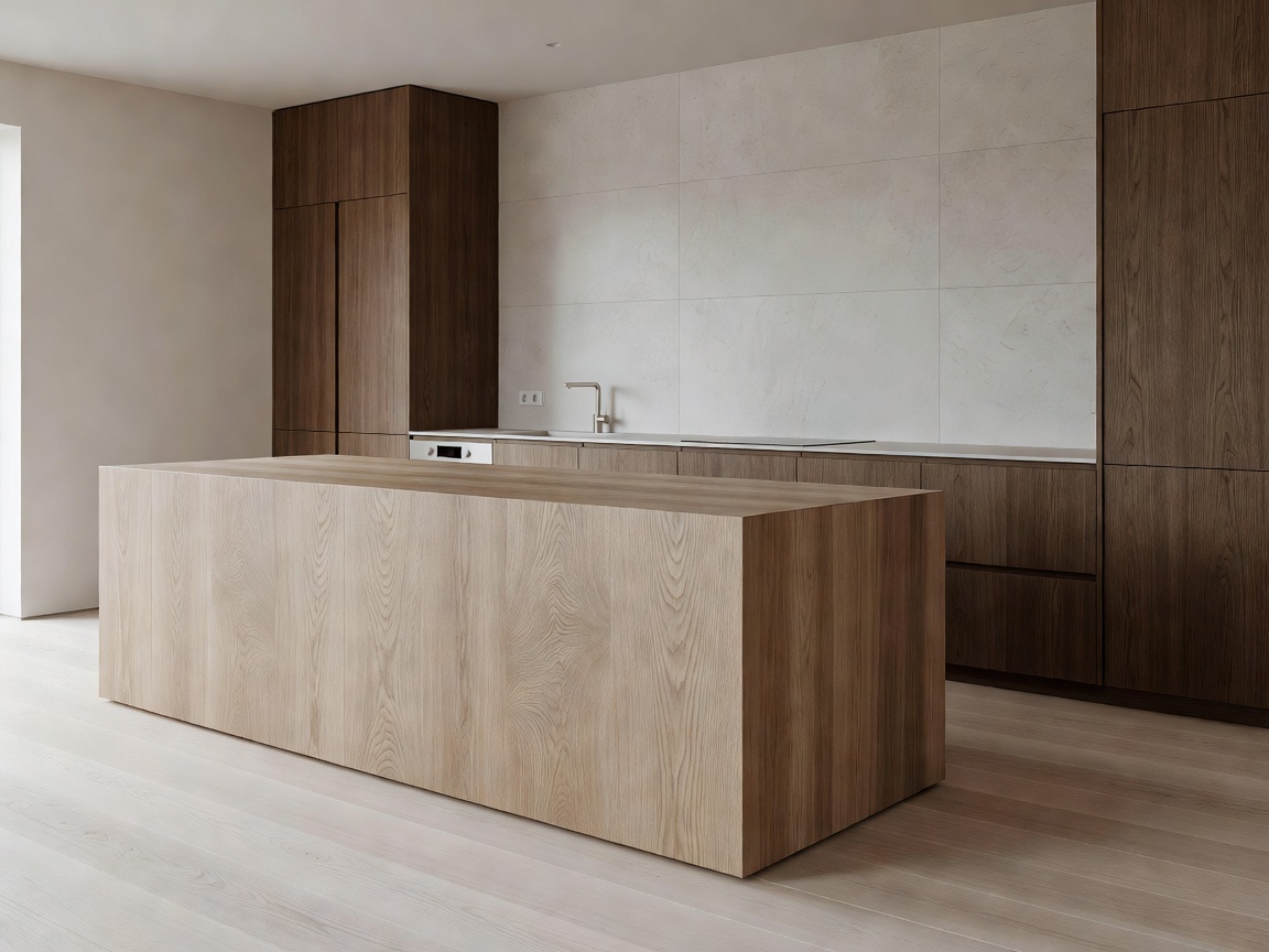 Minimalist Nordic kitchen with monolithic ash island and smoked oak cabinets