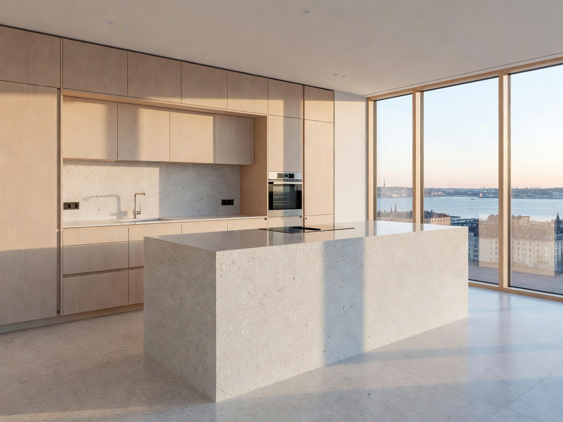 Modern Stockholm penthouse kitchen featuring pale ash cabinetry and seamless terrazzo island