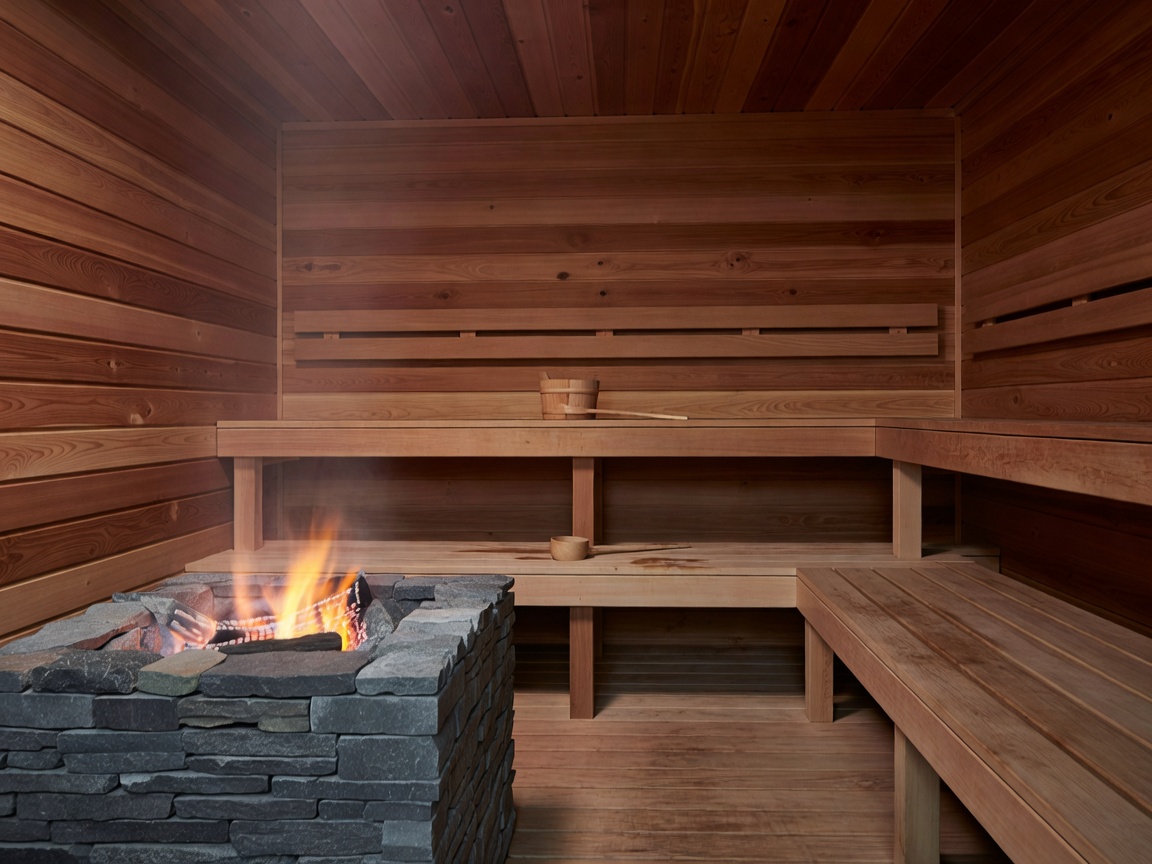 Modern traditional Finnish cedar sauna with tiered seating and stone heater
