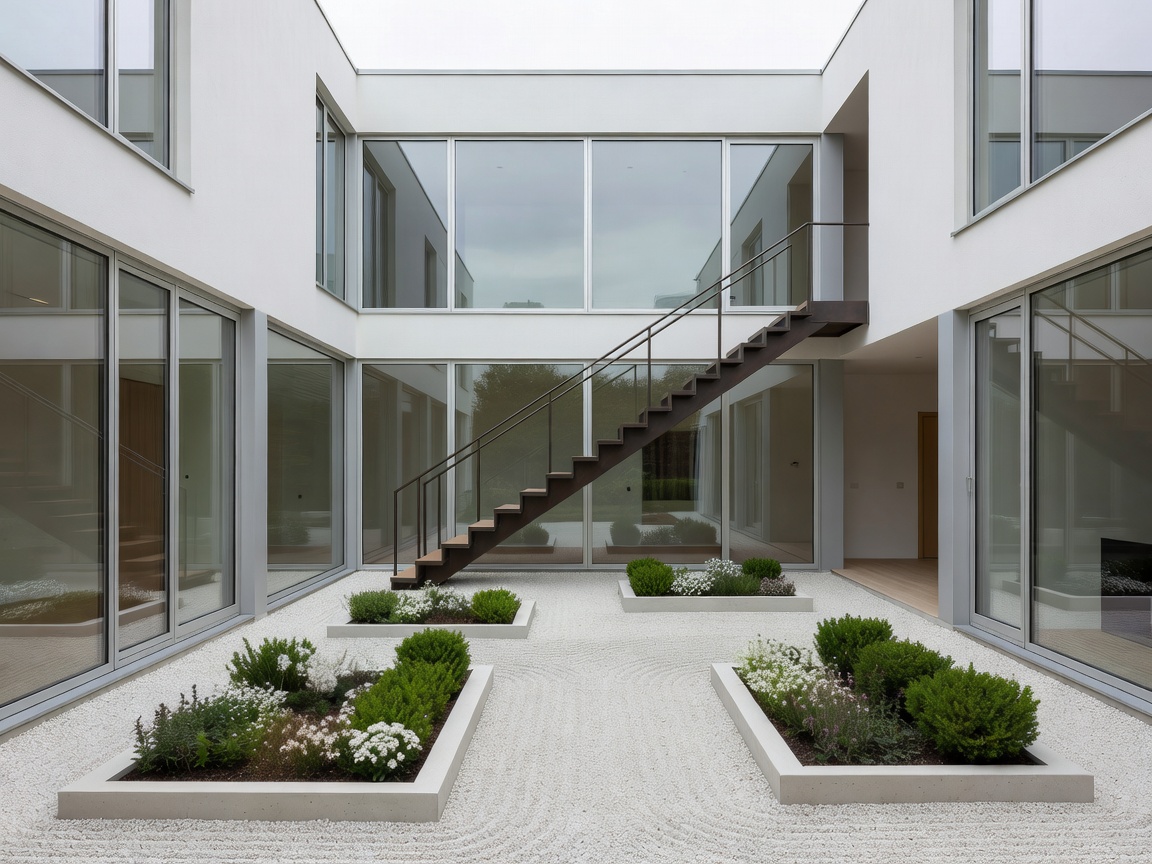 Modernist Danish townhouse with interior courtyard garden and steel stairs