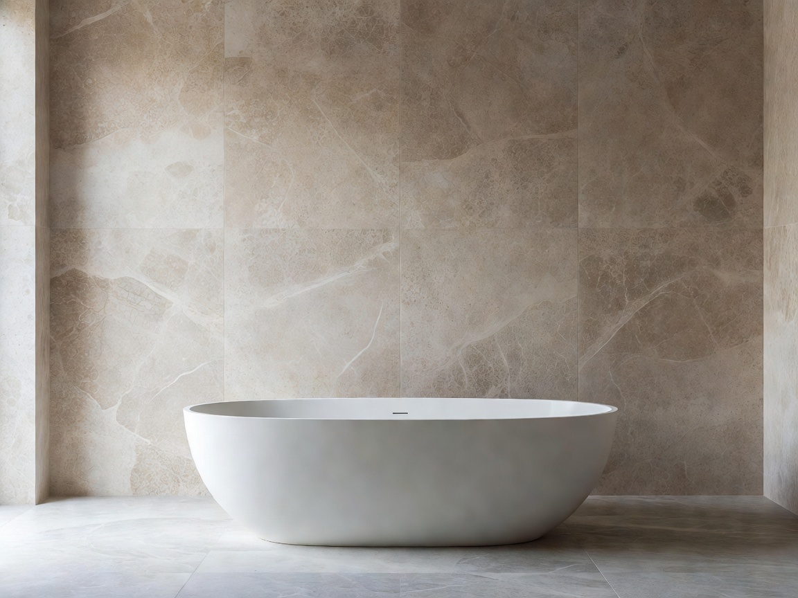 Nordic bathroom with freestanding soaking tub and Jura stone wall slabs