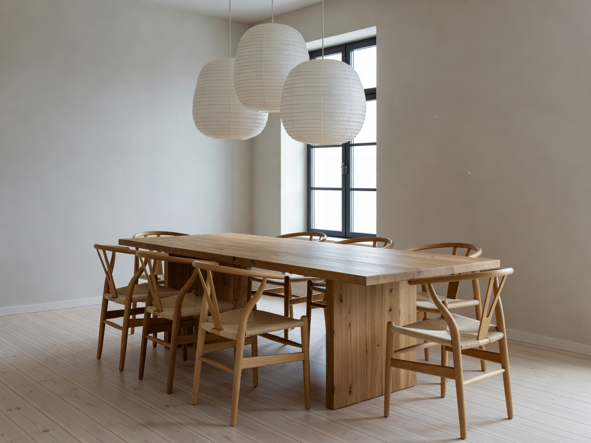 Nordic dining room with large oak table, Hans Wegner chairs and paper pendant lamps