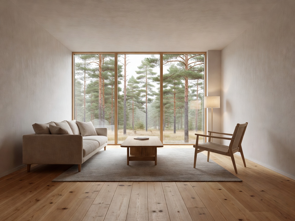 Nordic living room with floor-to-ceiling windows and Dinesen Douglas fir flooring