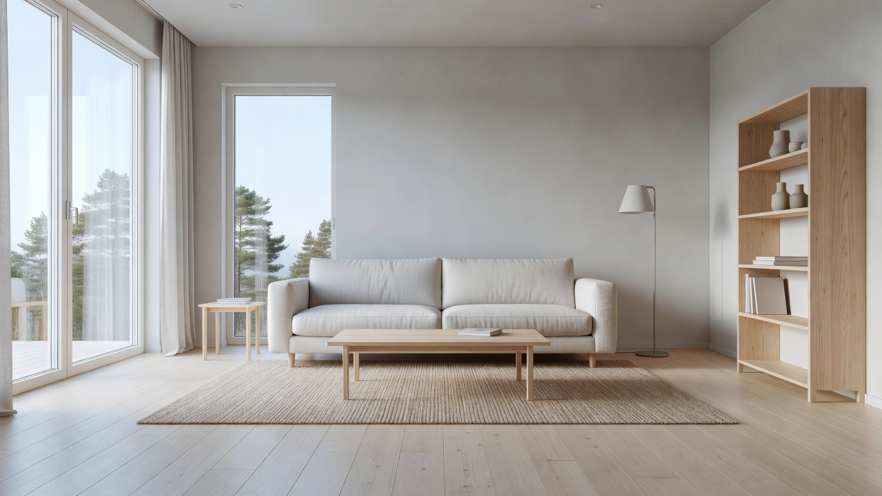 Nordic modern living room bathed in morning daylight with pale timber floors and linen sofa
