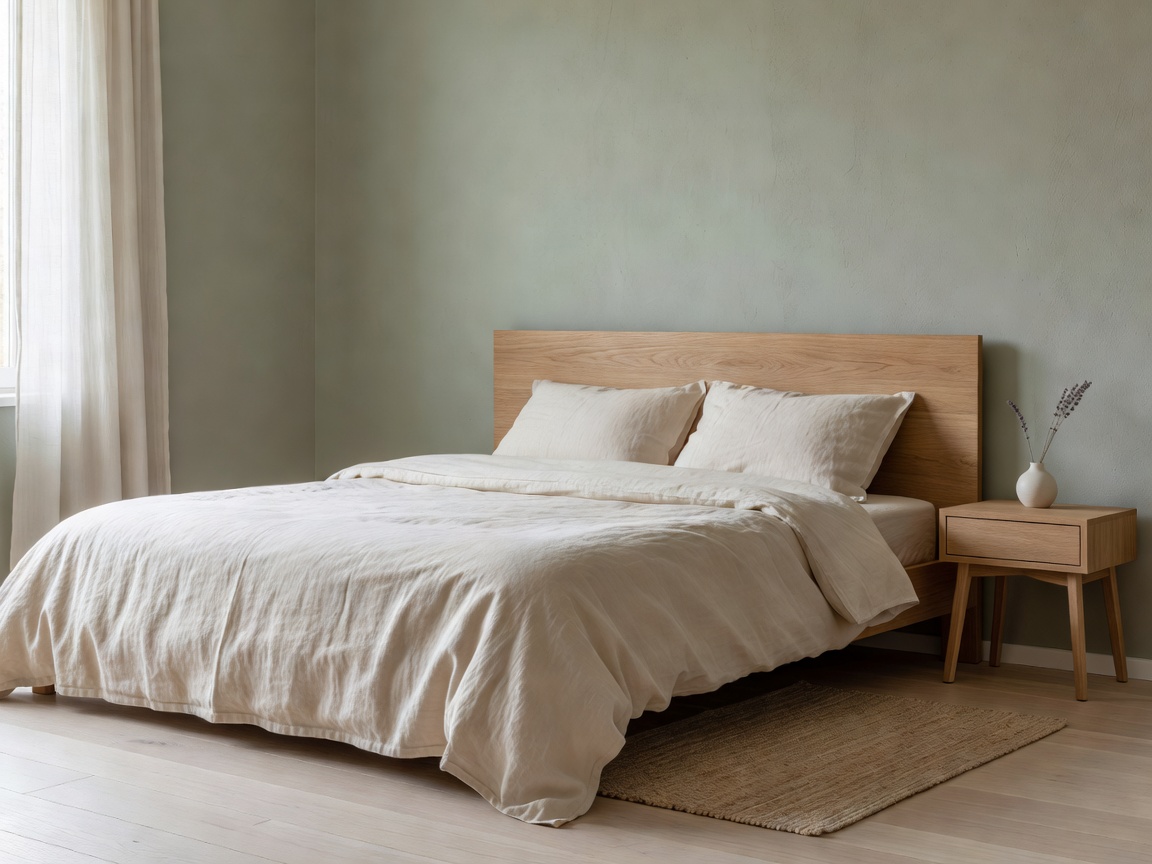Nordic bedroom with wool textiles, sage green accents, and bespoke bedside reading sconces