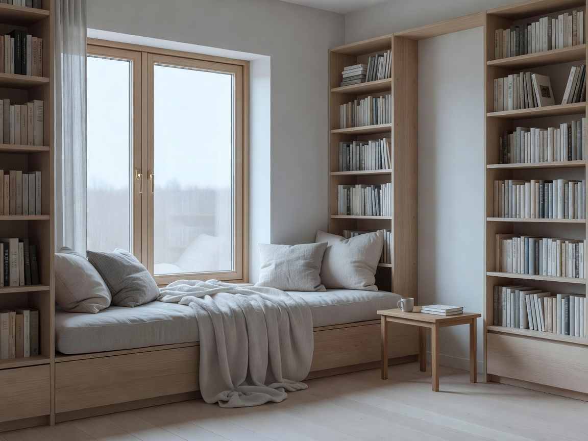 Minimalist living room with natural oak wall paneling and soft indirect illumination