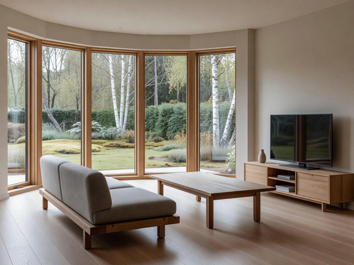 Scandi-modern living room with low-profile oak furniture and large bay windows