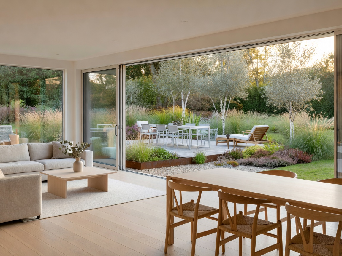 Seamless open plan interior connecting living dining and Scandinavian garden terrace